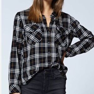 Sanctuary Black, White & Tan Plaid Button Down Shirt